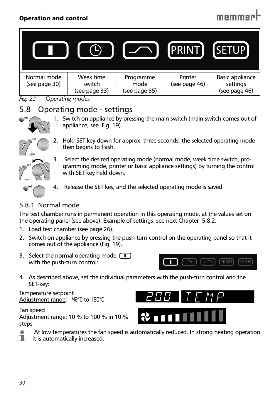 Print, Setup, 8 operating mode - settings | Memmert TTC 256 Temperature test chamber (Generation 2003) User Manual | Page 30 / 68