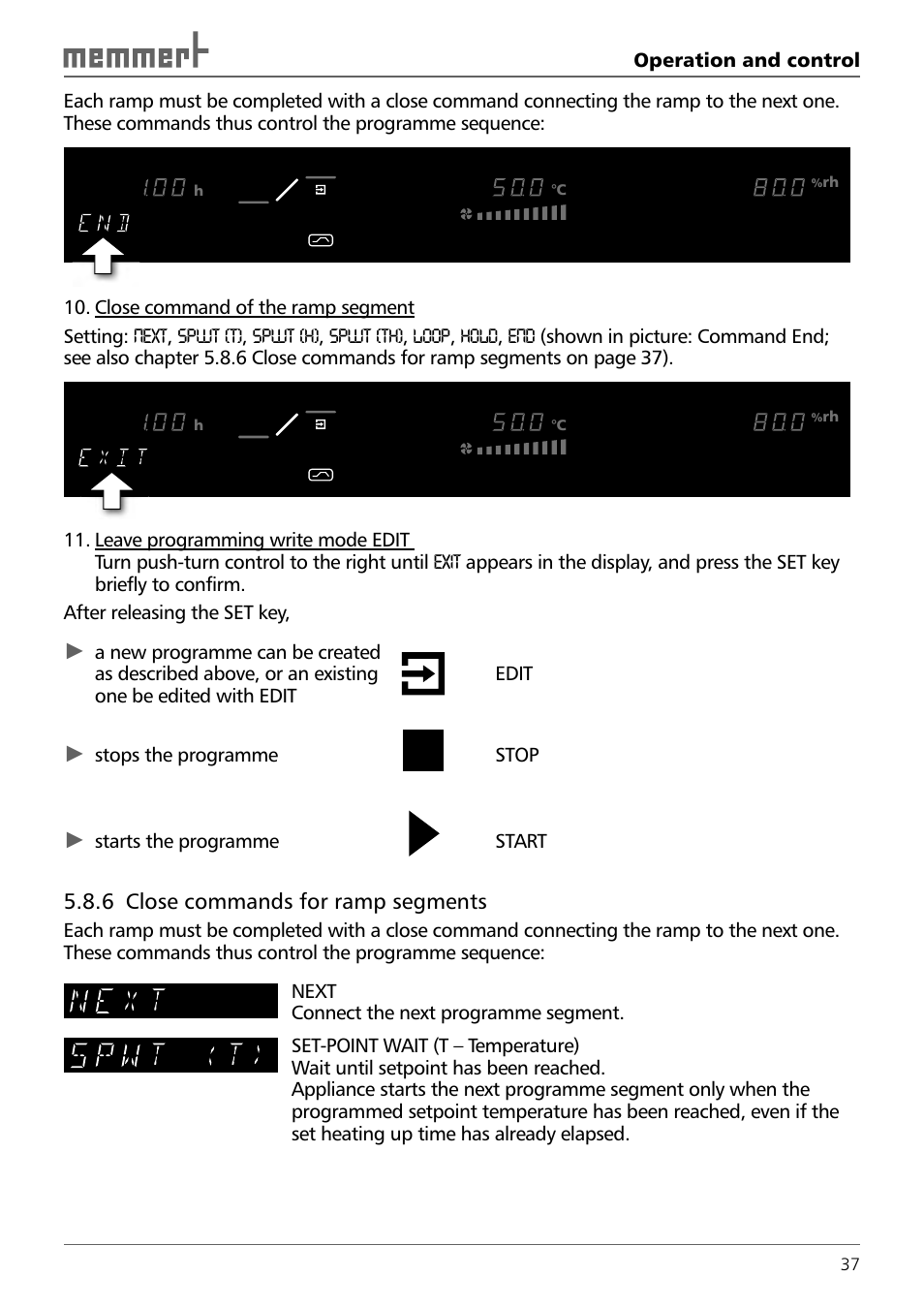 6 close commands for ramp segments, Stops the programme stop, Starts the programme start | Memmert TTC 256 Temperature test chamber (Generation 2003) User Manual | Page 37 / 68