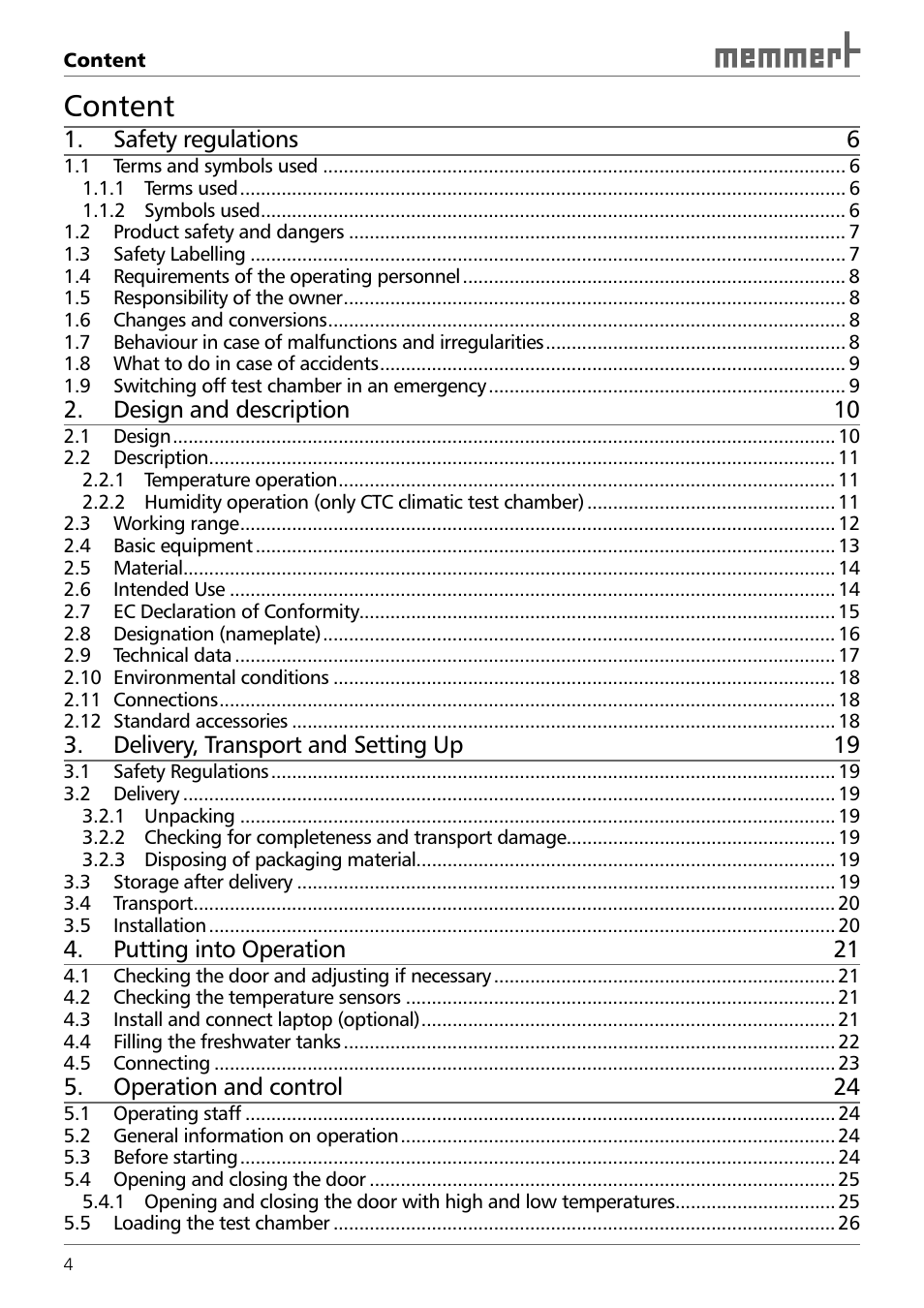 Content | Memmert TTC 256 Temperature test chamber (Generation 2003) User Manual | Page 4 / 68