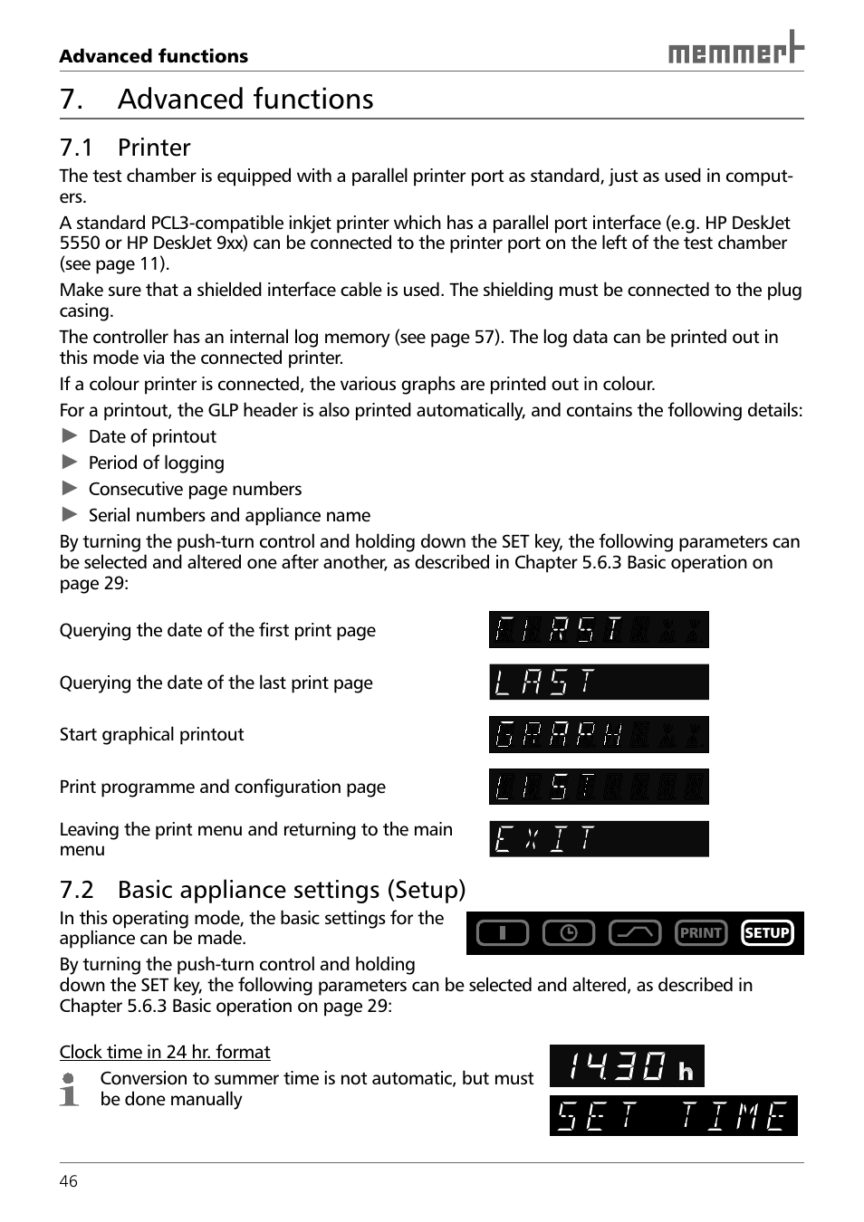 Advanced functions, 1 printer, 2 basic appliance settings ( setup) | Memmert TTC 256 Temperature test chamber (Generation 2003) User Manual | Page 46 / 68
