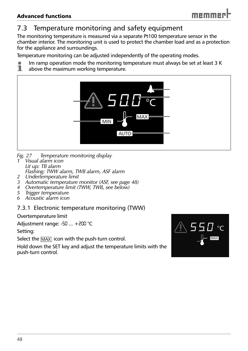 3 temperature monitoring and safety equipment | Memmert TTC 256 Temperature test chamber (Generation 2003) User Manual | Page 48 / 68