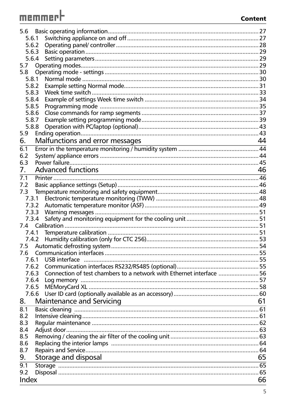 Malfunctions and error messages 44, Advanced functions 46, Maintenance and servicing 61 | Storage and disposal 65, Index 66 | Memmert TTC 256 Temperature test chamber (Generation 2003) User Manual | Page 5 / 68