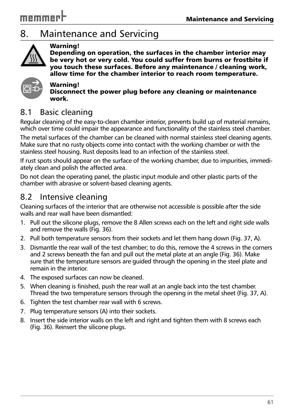 Maintenance and servicing, 1 basic cleaning, 2 intensive cleaning | Memmert TTC 256 Temperature test chamber (Generation 2003) User Manual | Page 61 / 68