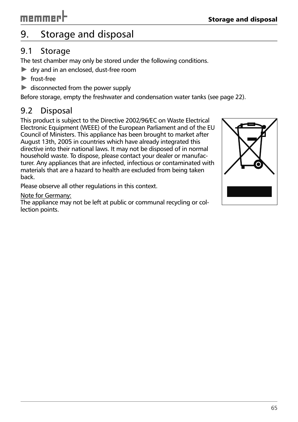 Storage and disposal, 1 storage, 2 disposal | Memmert TTC 256 Temperature test chamber (Generation 2003) User Manual | Page 65 / 68