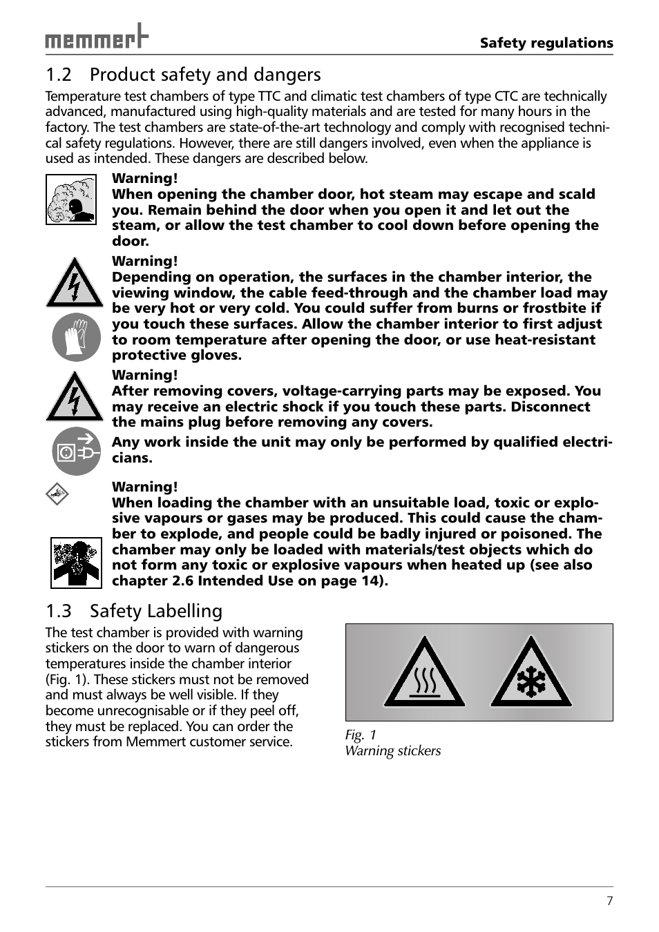 2 product safety and dangers, 3 safety labelling | Memmert TTC 256 Temperature test chamber (Generation 2003) User Manual | Page 7 / 68