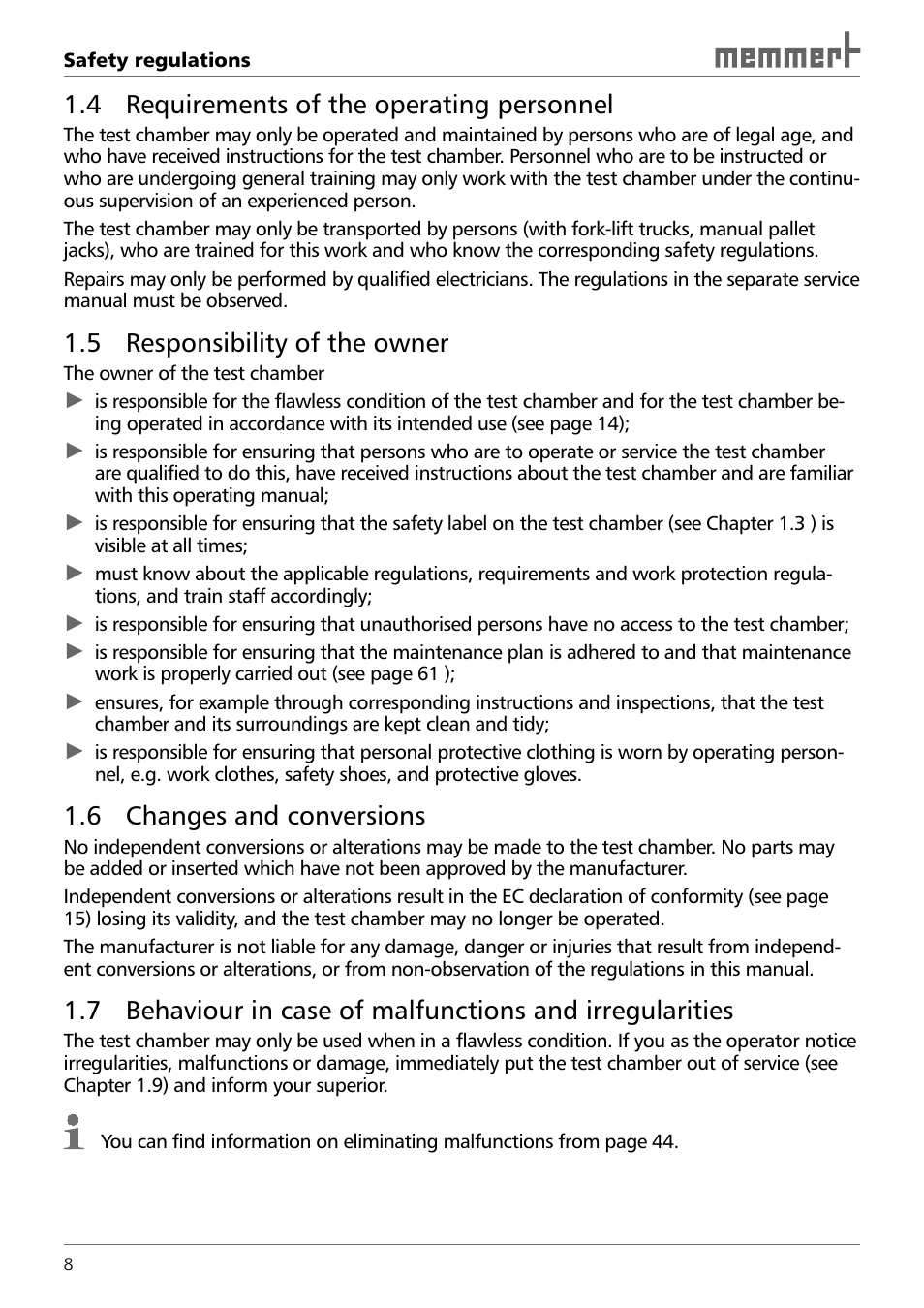 4 requirements of the operating personnel, 5 responsibility of the owner, 6 changes and conversions | Memmert TTC 256 Temperature test chamber (Generation 2003) User Manual | Page 8 / 68