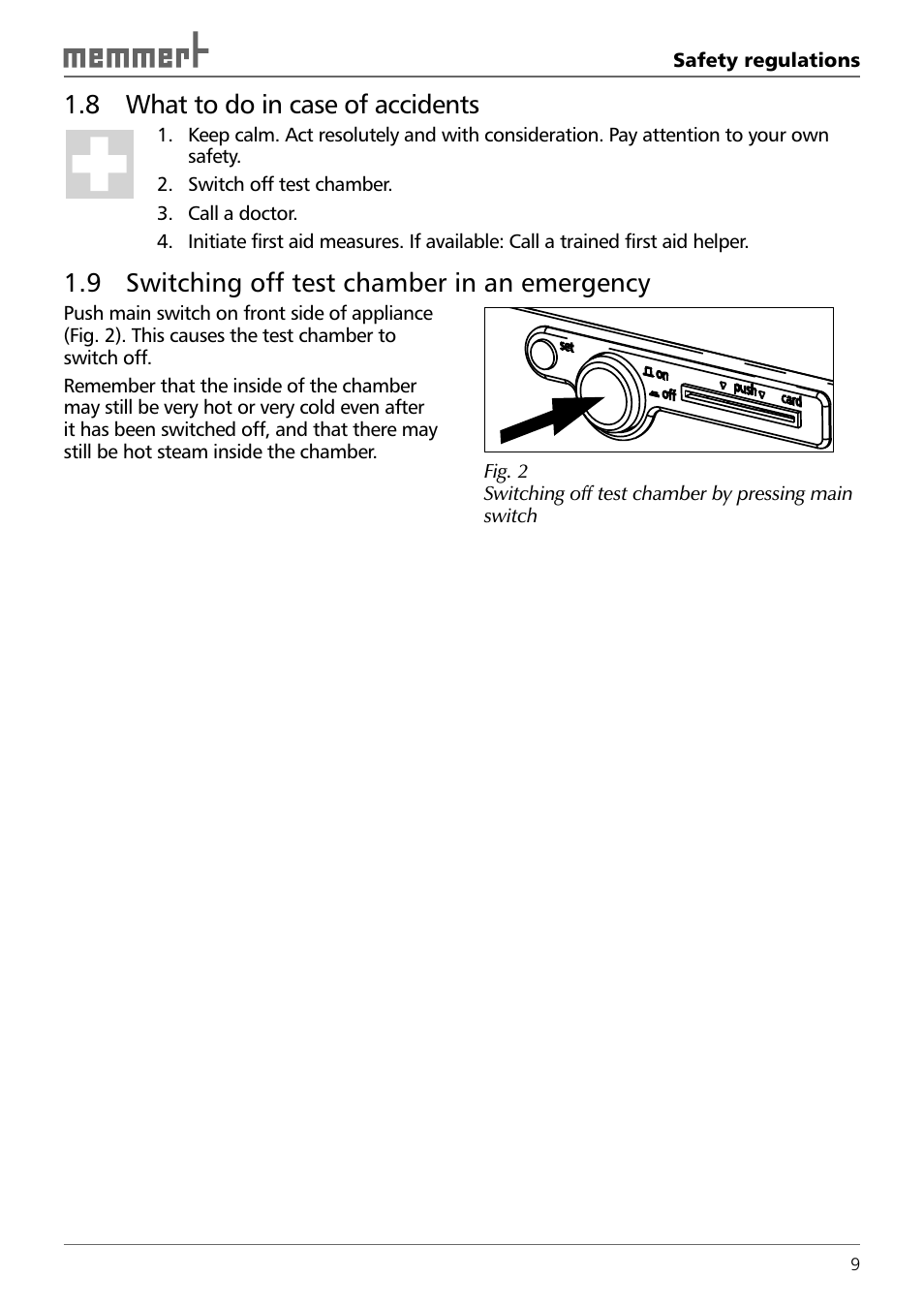 8 what to do in case of accidents, 9 switching off test chamber in an emergency | Memmert TTC 256 Temperature test chamber (Generation 2003) User Manual | Page 9 / 68