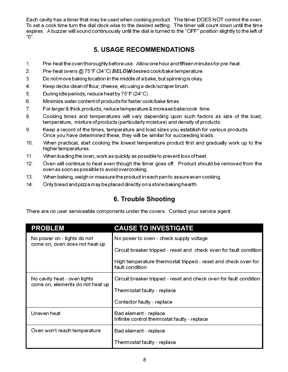 Usage recommendations, Trouble shooting, Problem cause to investigate | Bakers Pride EP-2-2828 User Manual | Page 8 / 16