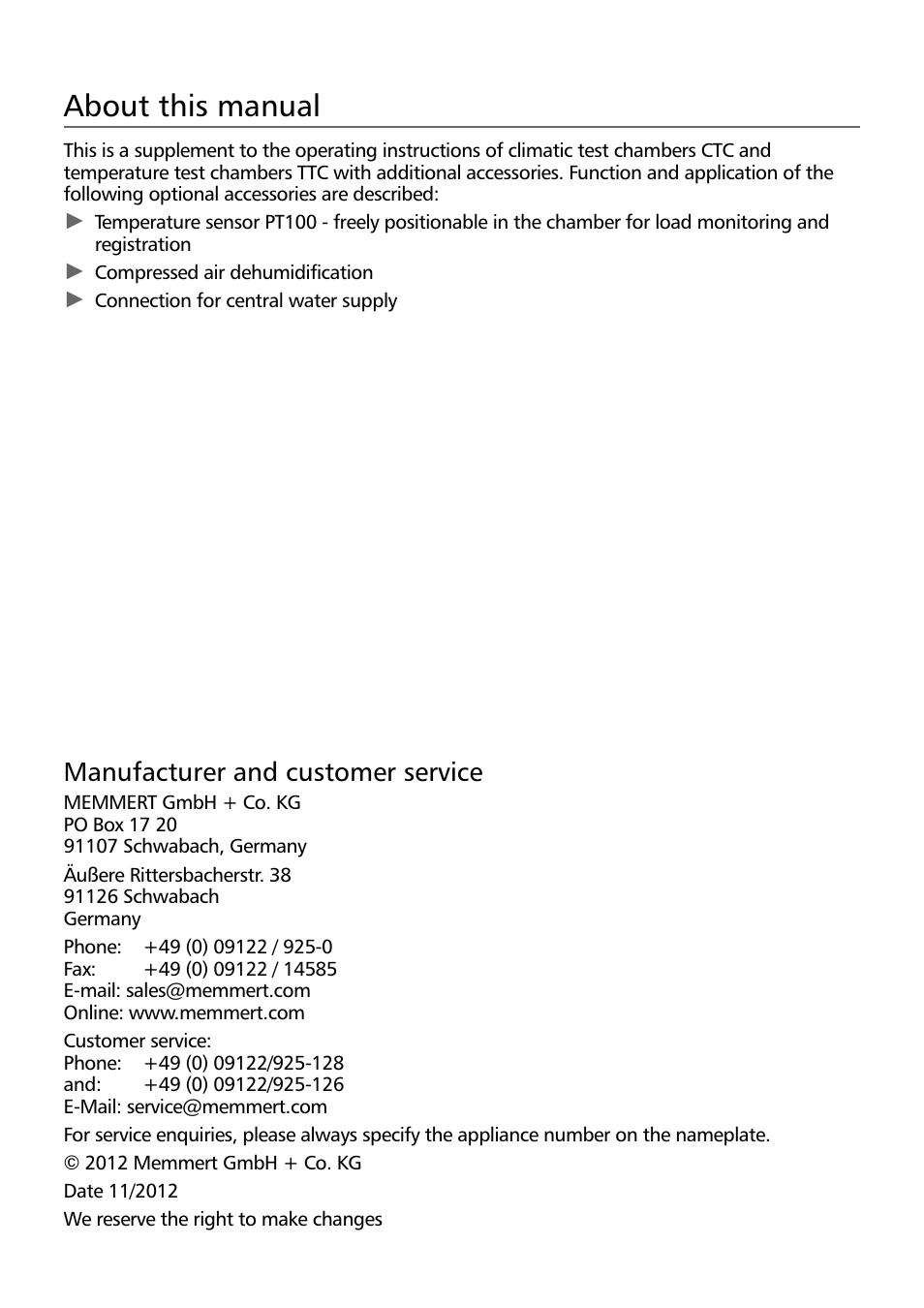 About this manual, Manufacturer and customer service | Memmert TTC Temperature test chamber additional accessories (Generation 2003) User Manual | Page 2 / 8