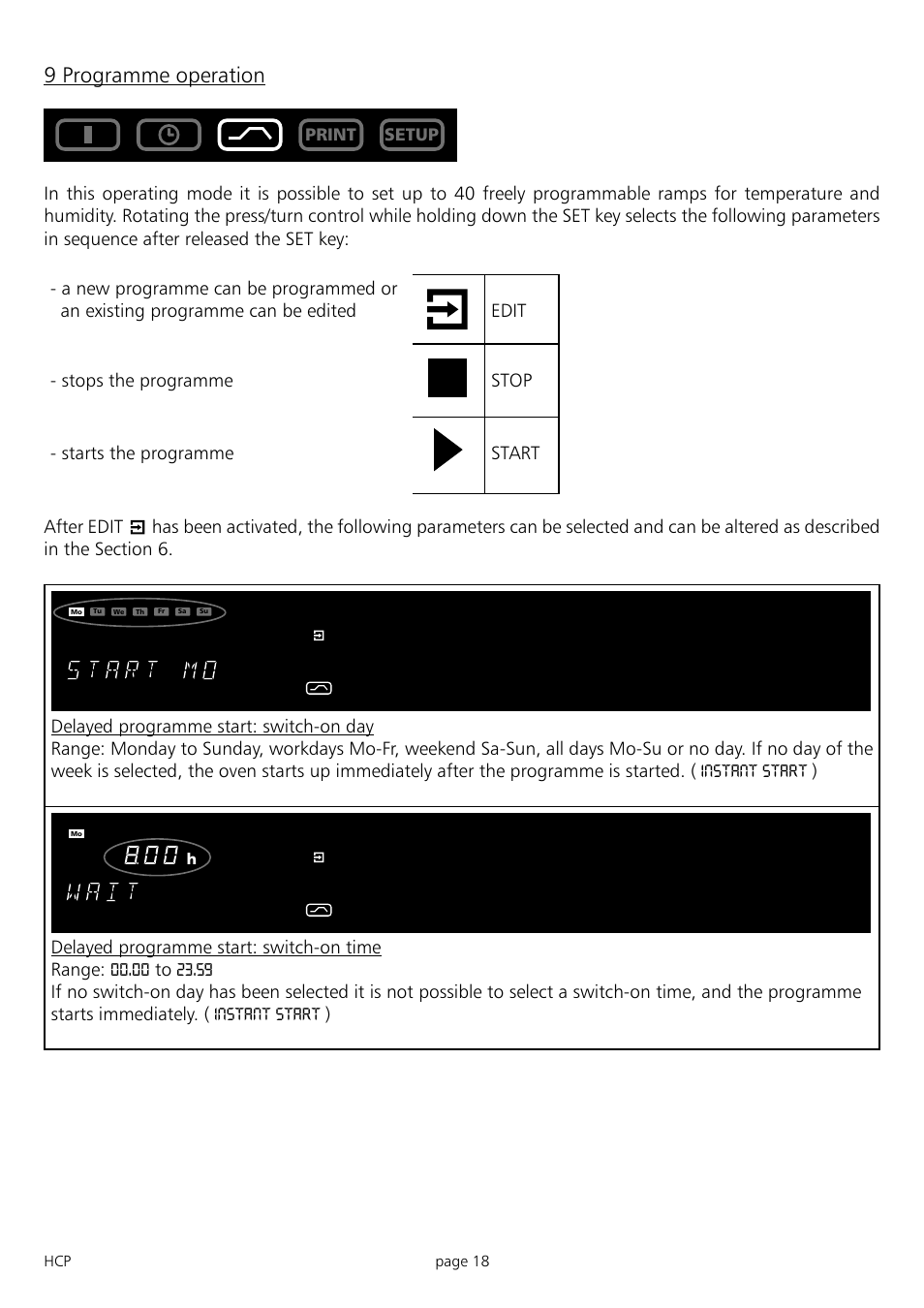 9 programme operation, Print setup, Hcp page 18 | Rh h | Memmert HCP 246 Humidity Chambers (Generation 2003) User Manual | Page 18 / 48