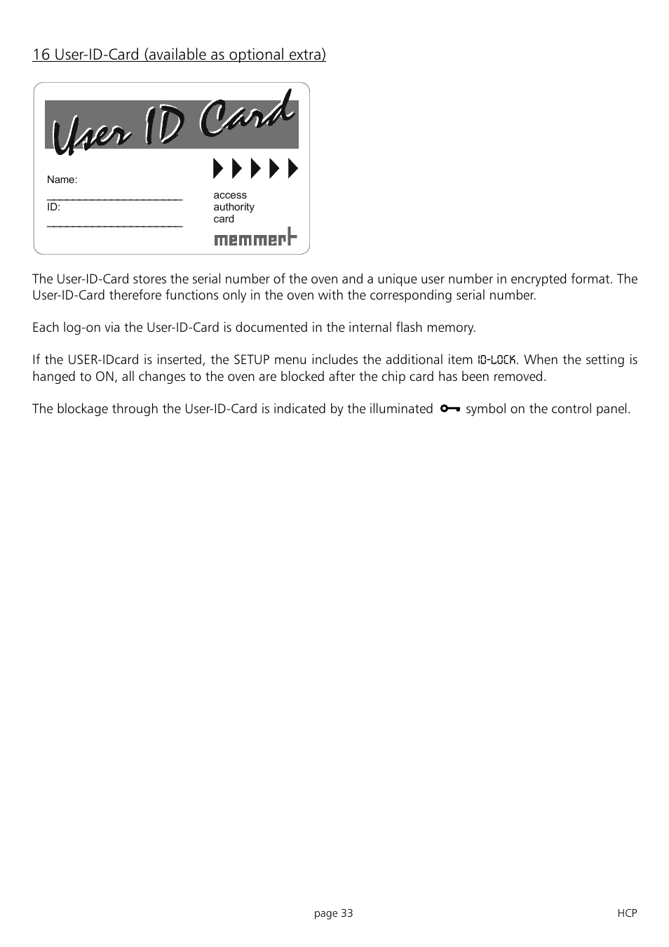 16 user-id-card (available as optional extra) | Memmert HCP 246 Humidity Chambers (Generation 2003) User Manual | Page 33 / 48