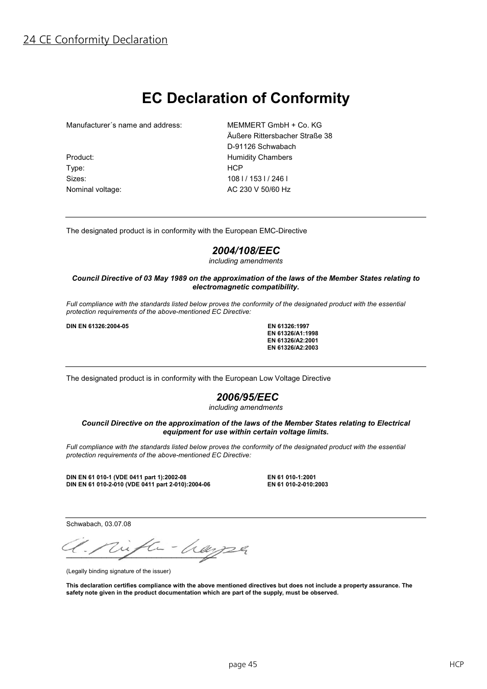 Ec declaration of conformity, 24 ce conformity declaration | Memmert HCP 246 Humidity Chambers (Generation 2003) User Manual | Page 45 / 48