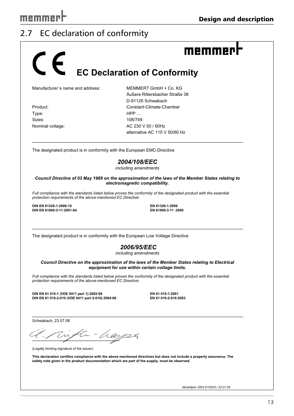 Ec declaration of conformity, 7 ec declaration of conformity, Design and description | Memmert HPP 108/749 Constant climate chamber (Generation 2003) User Manual | Page 13 / 60