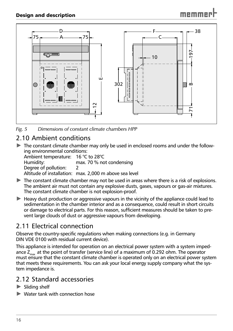10 ambient conditions, 11 electrical connection, 12 standard accessories | Memmert HPP 108/749 Constant climate chamber (Generation 2003) User Manual | Page 16 / 60