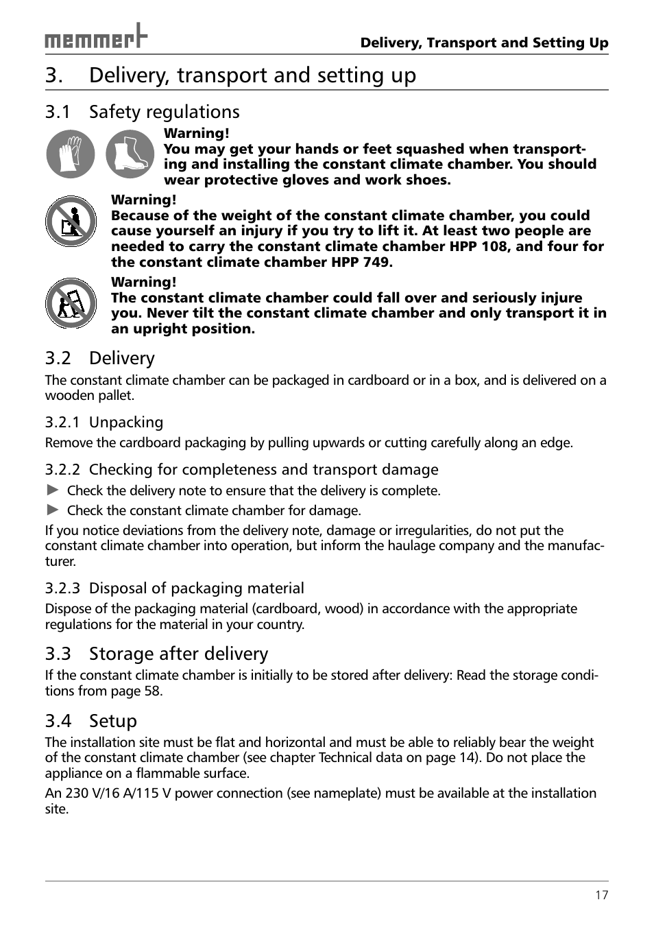 Delivery, transport and setting up, 1 safety regulations, 2 delivery | 3 storage after delivery, 4 setup | Memmert HPP 108/749 Constant climate chamber (Generation 2003) User Manual | Page 17 / 60