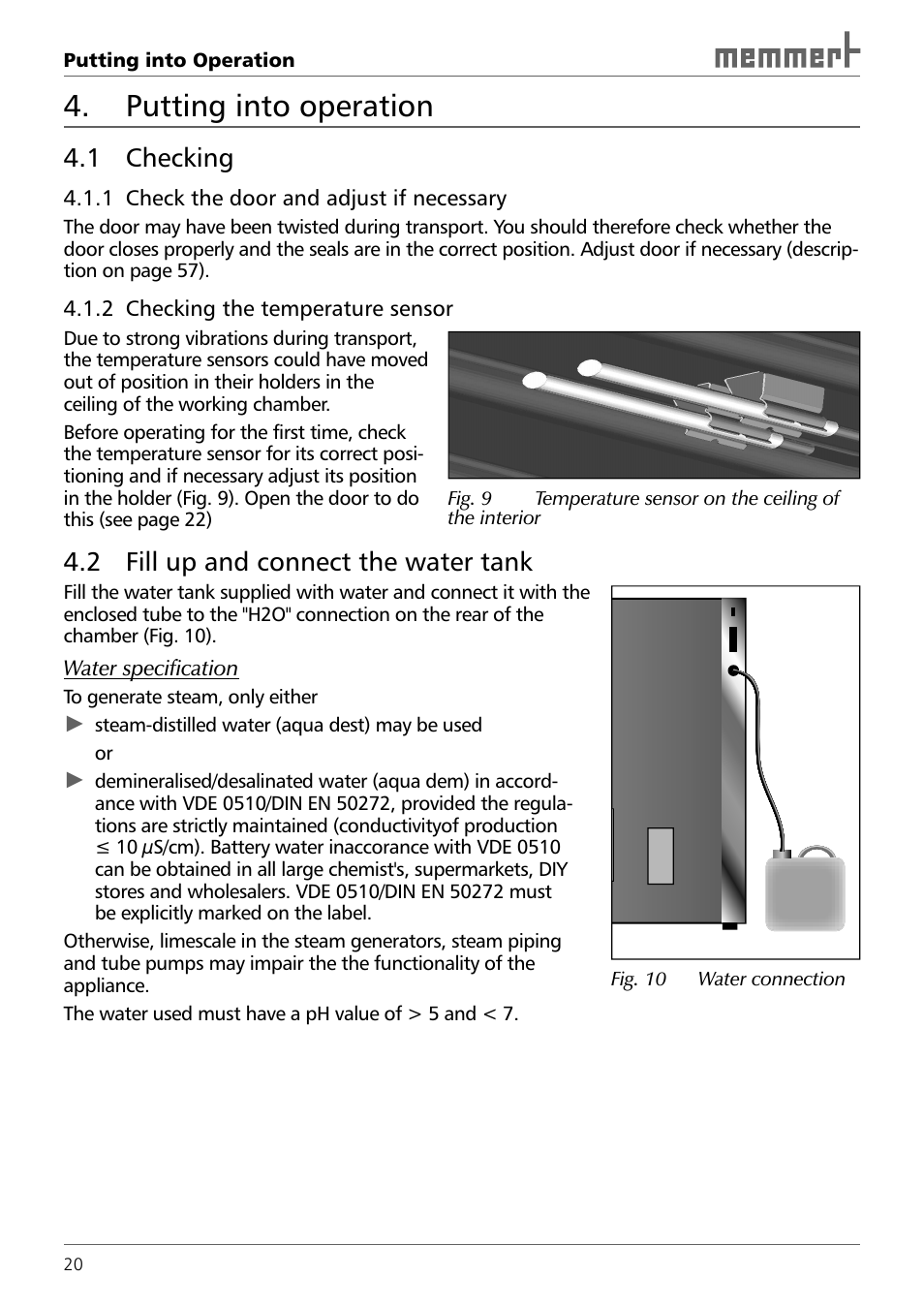 Putting into operation, 1 checking, 2 fill up and connect the water tank | Memmert HPP 108/749 Constant climate chamber (Generation 2003) User Manual | Page 20 / 60