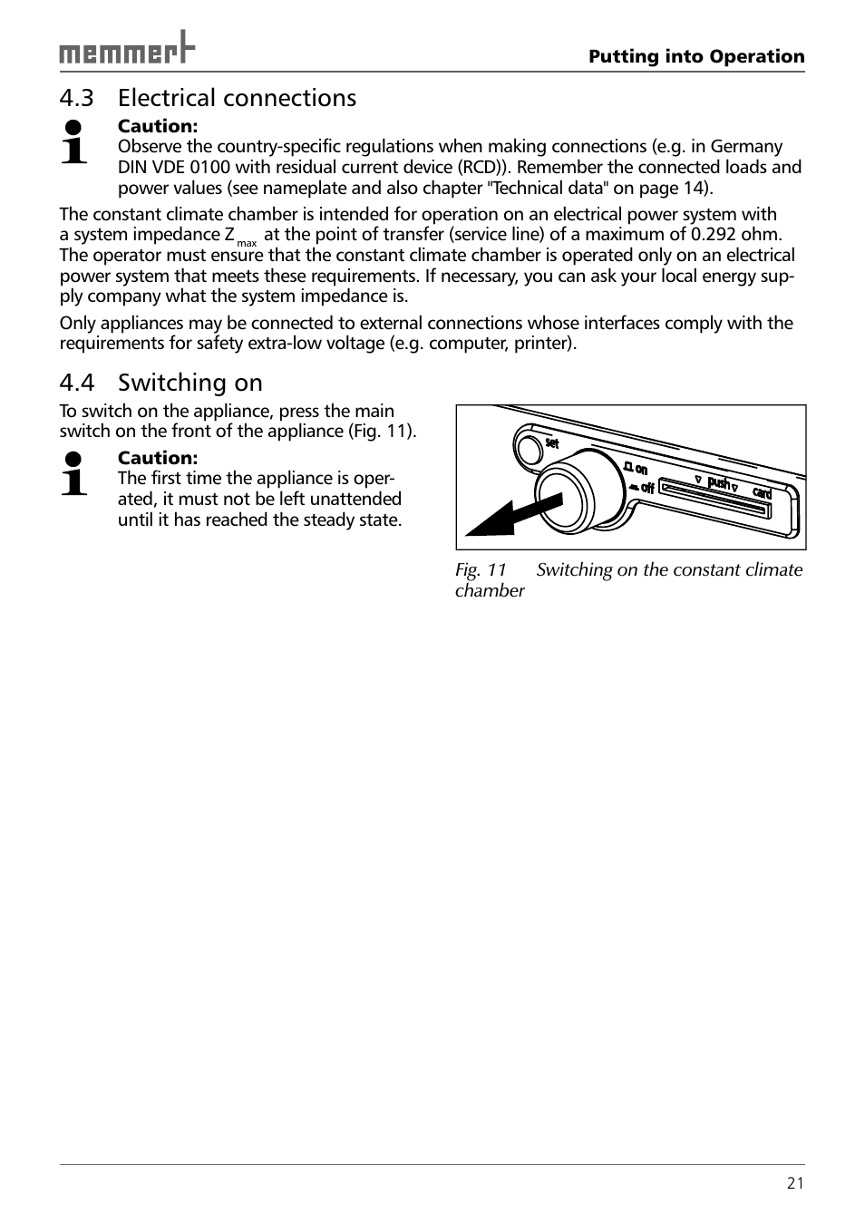 3 electrical connections, 4 switching on | Memmert HPP 108/749 Constant climate chamber (Generation 2003) User Manual | Page 21 / 60