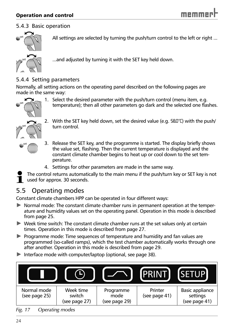 Print, Setup, 5 operating modes | Memmert HPP 108/749 Constant climate chamber (Generation 2003) User Manual | Page 24 / 60