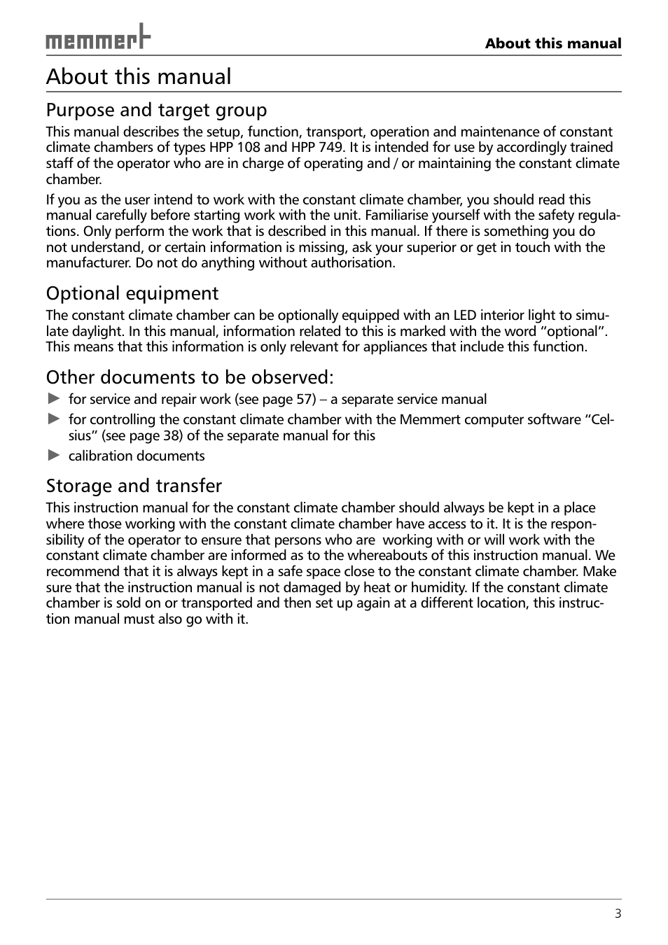About this manual, Purpose and target group, Optional equipment | Other documents to be observed, Storage and transfer | Memmert HPP 108/749 Constant climate chamber (Generation 2003) User Manual | Page 3 / 60