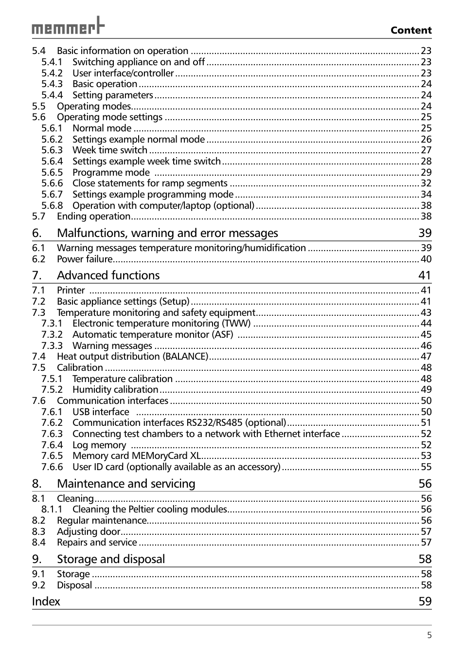 Malfunctions, warning and error messages 39, Advanced functions 41, Maintenance and servicing 56 | Storage and disposal 58, Index 59 | Memmert HPP 108/749 Constant climate chamber (Generation 2003) User Manual | Page 5 / 60