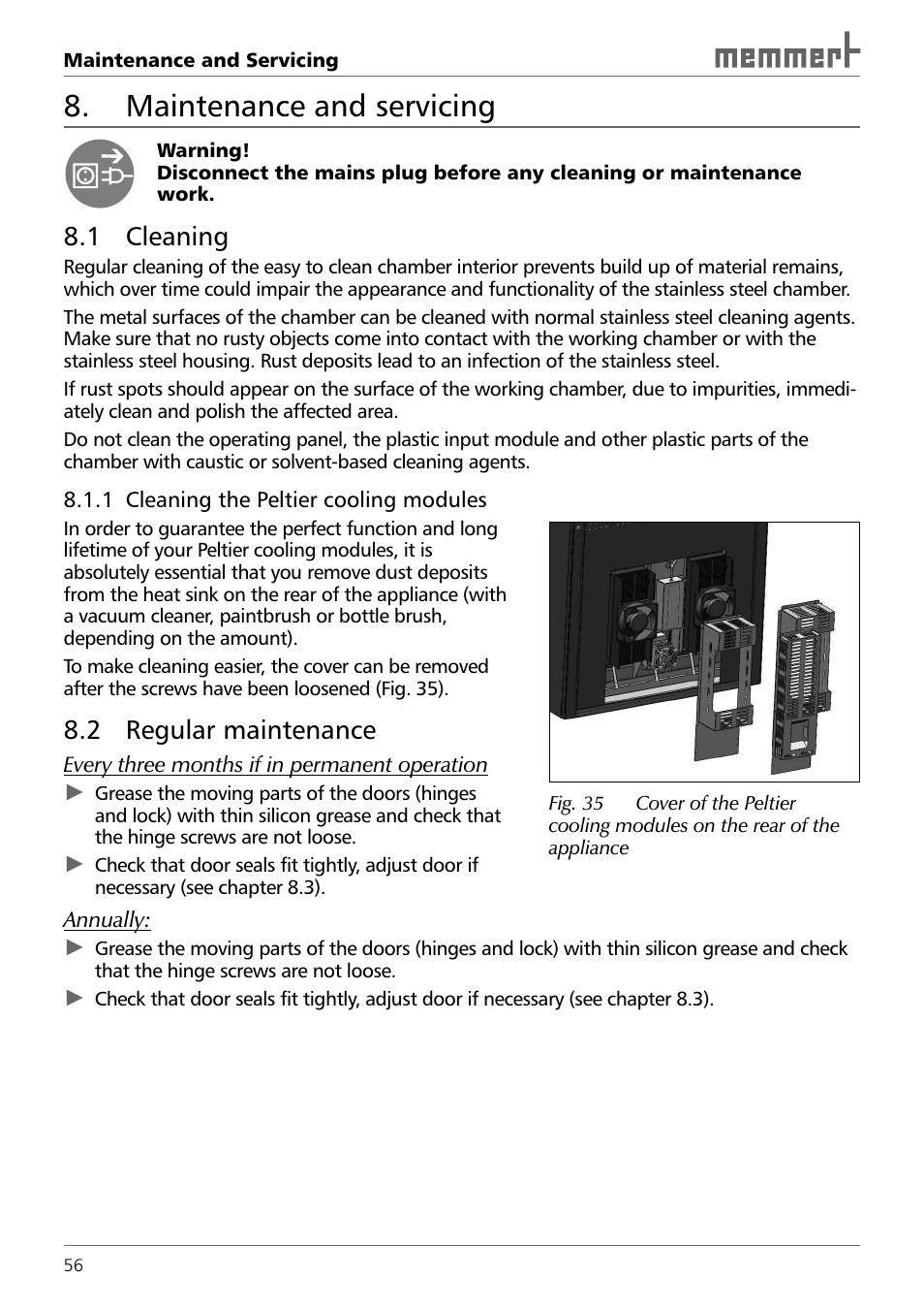 Maintenance and servicing, 1 cleaning, 2 regular maintenance | Memmert HPP 108/749 Constant climate chamber (Generation 2003) User Manual | Page 56 / 60