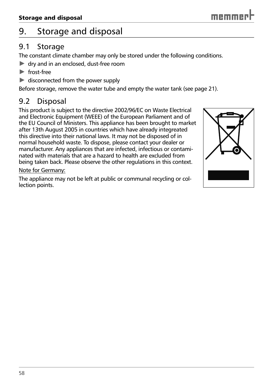 Storage and disposal, 1 storage, 2 disposal | Memmert HPP 108/749 Constant climate chamber (Generation 2003) User Manual | Page 58 / 60