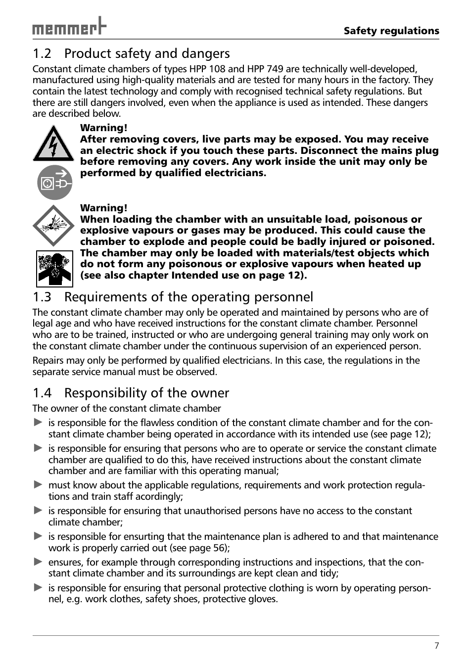 2 product safety and dangers, 3 requirements of the operating personnel, 4 responsibility of the owner | Memmert HPP 108/749 Constant climate chamber (Generation 2003) User Manual | Page 7 / 60