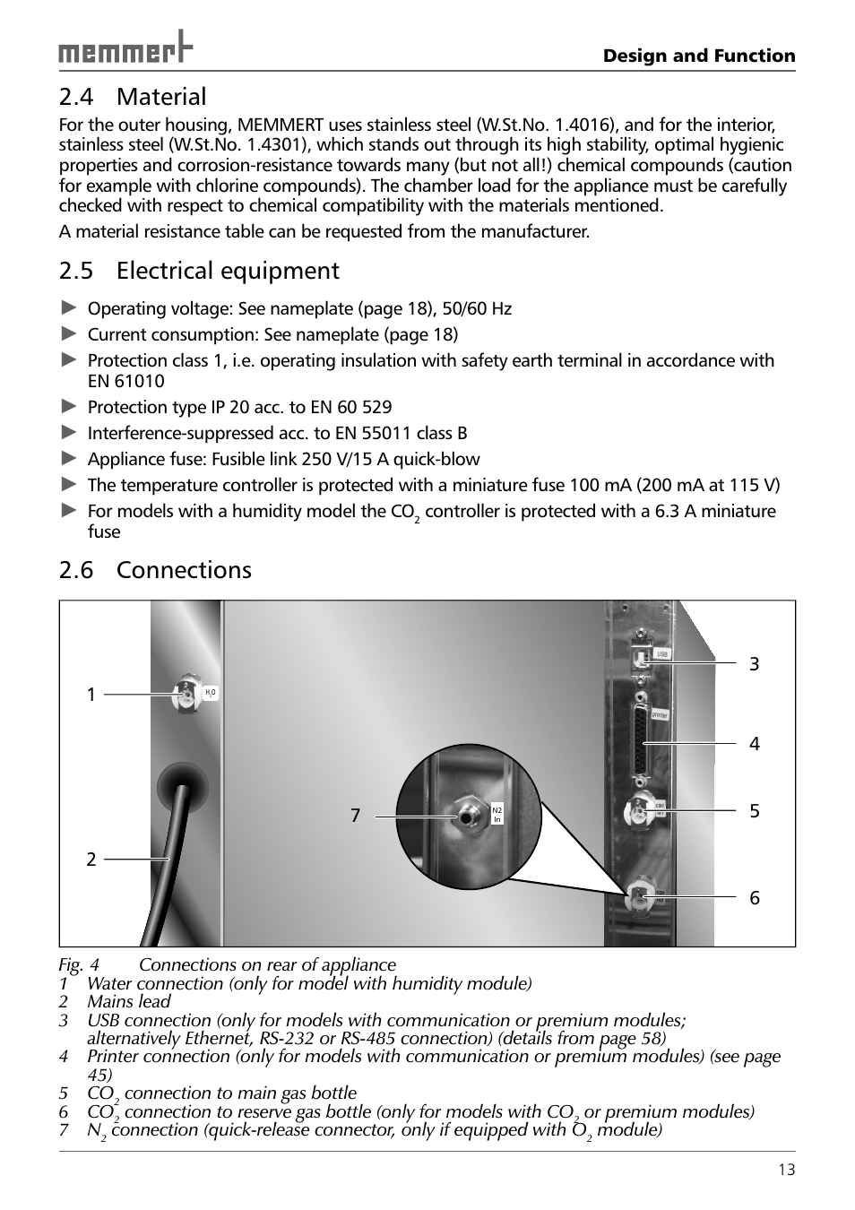 4 material, 5 electrical equipment, 6 connections | Memmert INCO 246/246 med CO2 Incubators (Generation 2003) User Manual | Page 13 / 68