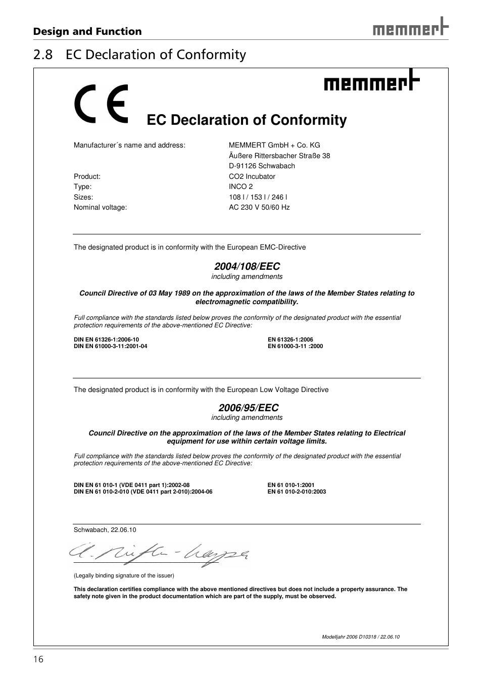 Ec declaration of conformity, 8 ec declaration of conformity, Design and function | Memmert INCO 246/246 med CO2 Incubators (Generation 2003) User Manual | Page 16 / 68