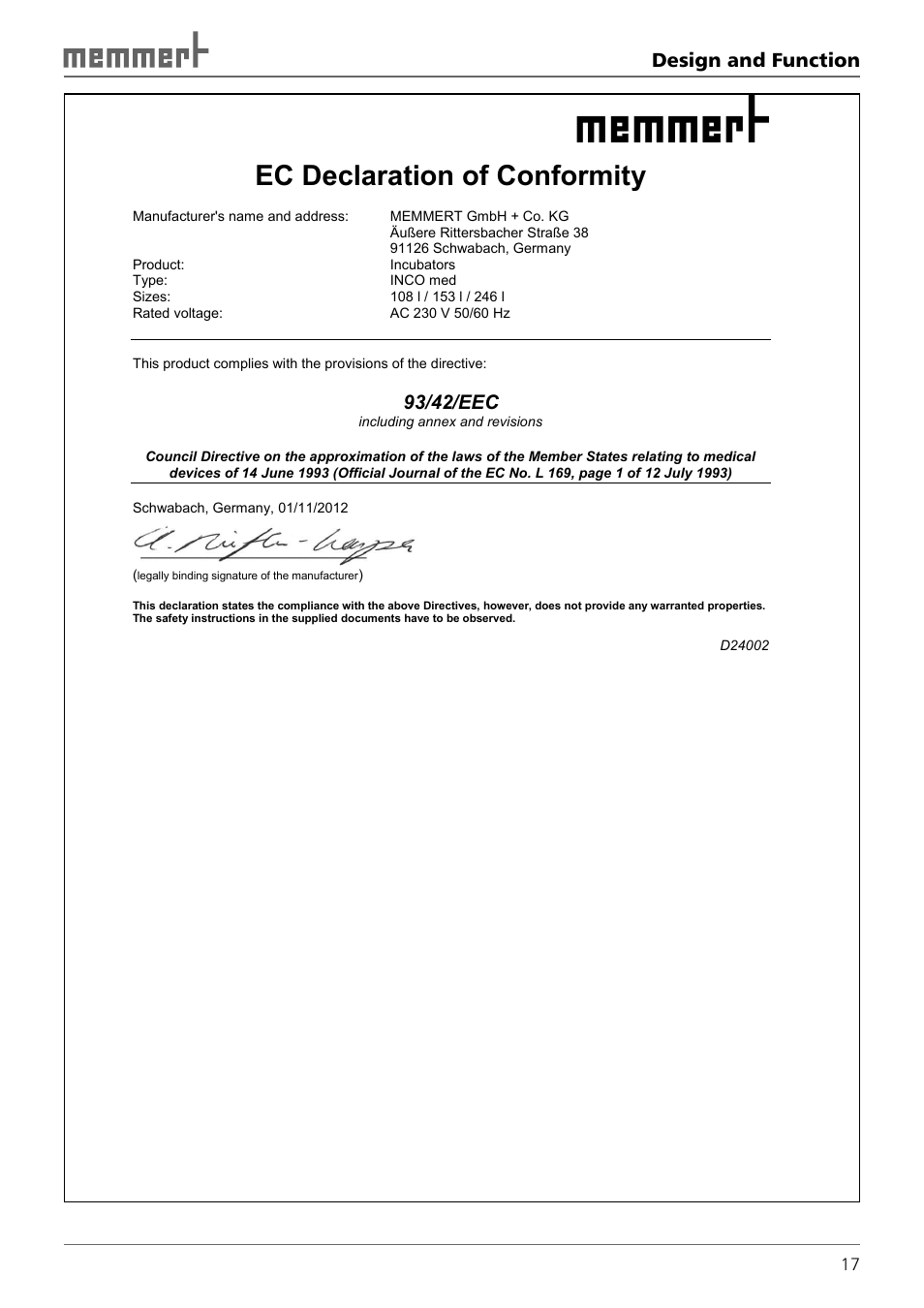 Ec declaration of conformity, Design and function, 93/42/eec | Memmert INCO 246/246 med CO2 Incubators (Generation 2003) User Manual | Page 17 / 68