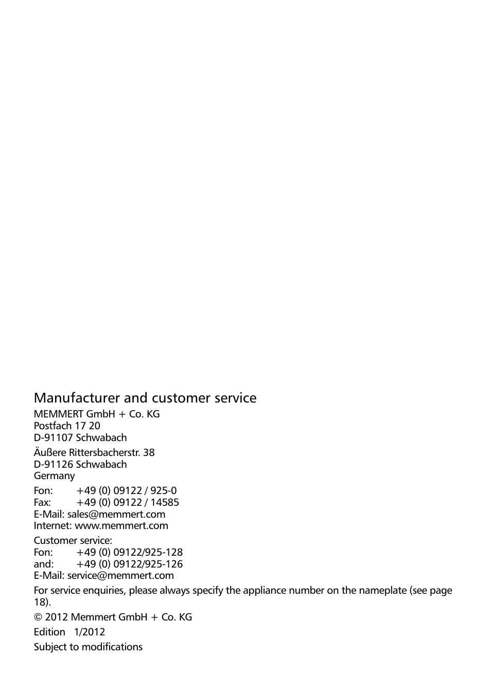 Manufacturer and customer service | Memmert INCO 246/246 med CO2 Incubators (Generation 2003) User Manual | Page 2 / 68