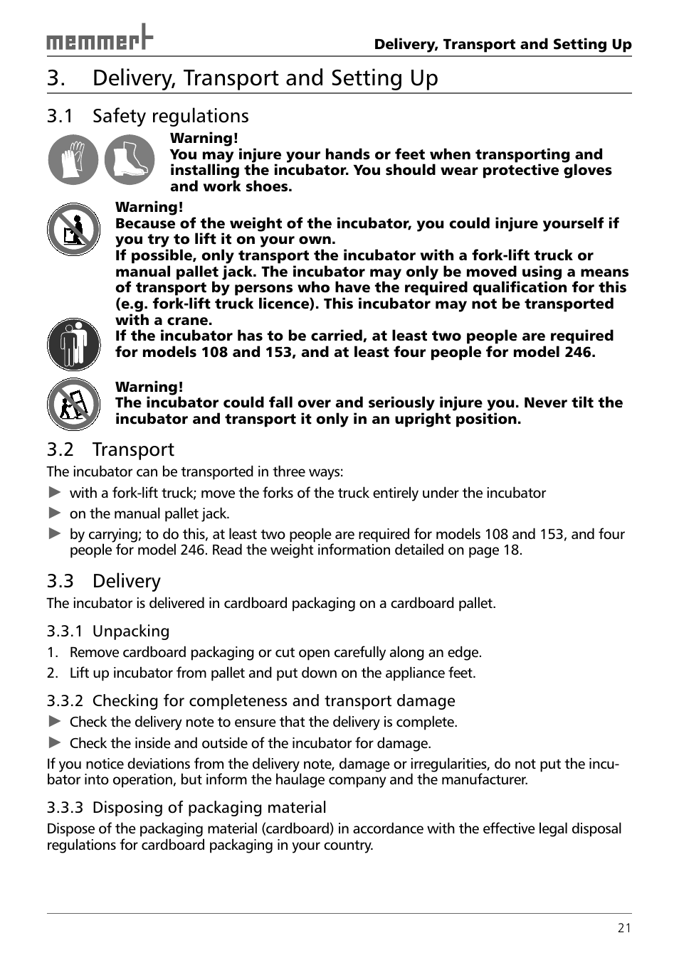 Delivery, transport and setting up, 1 safety regulations, 2 transport | 3 delivery | Memmert INCO 246/246 med CO2 Incubators (Generation 2003) User Manual | Page 21 / 68