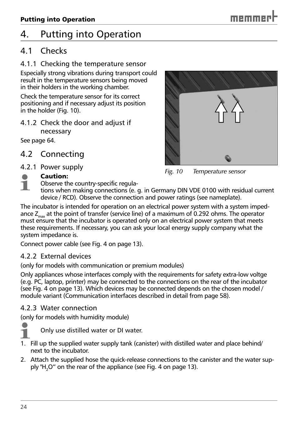 Putting into operation, 1 checks, 2 connecting | Memmert INCO 246/246 med CO2 Incubators (Generation 2003) User Manual | Page 24 / 68