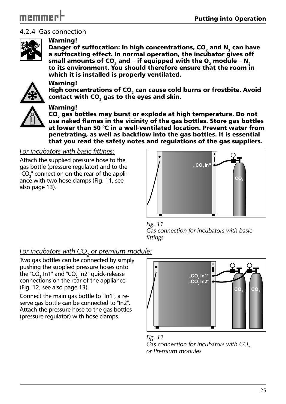 4 gas connection, For incubators with basic fittings, For incubators with co | Or premium module | Memmert INCO 246/246 med CO2 Incubators (Generation 2003) User Manual | Page 25 / 68