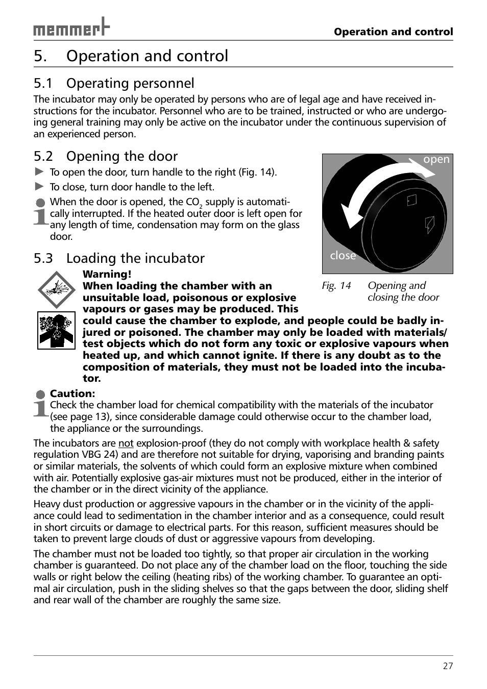 Operation and control, 1 operating personnel, 2 opening the door | 3 loading the incubator | Memmert INCO 246/246 med CO2 Incubators (Generation 2003) User Manual | Page 27 / 68