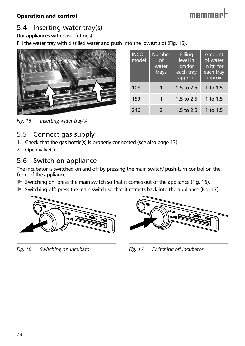 4 inserting water tray(s), 5 connect gas supply, 6 switch on appliance | Memmert INCO 246/246 med CO2 Incubators (Generation 2003) User Manual | Page 28 / 68