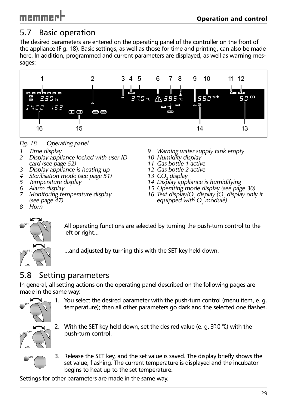 7 basic operation, 8 setting parameters, Operation and control | Display (o, Display only if equipped with o | Memmert INCO 246/246 med CO2 Incubators (Generation 2003) User Manual | Page 29 / 68