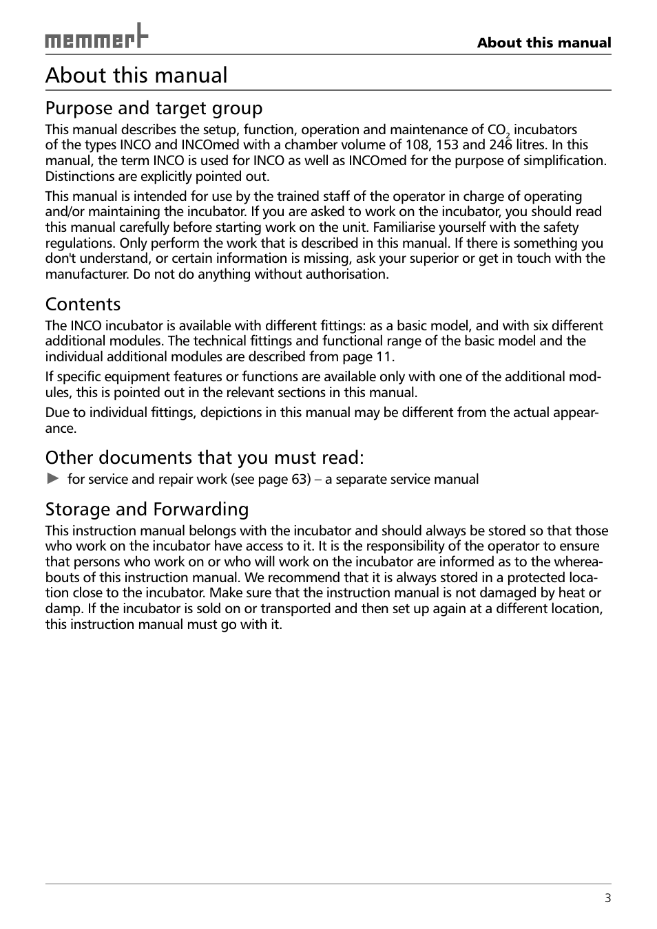 Memmert INCO 246/246 med CO2 Incubators (Generation 2003) User Manual | Page 3 / 68