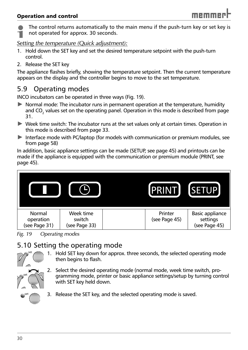 Print, Setup, 9 operating modes | 10 setting the operating mode | Memmert INCO 246/246 med CO2 Incubators (Generation 2003) User Manual | Page 30 / 68