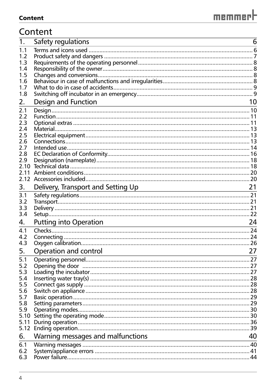 Content | Memmert INCO 246/246 med CO2 Incubators (Generation 2003) User Manual | Page 4 / 68
