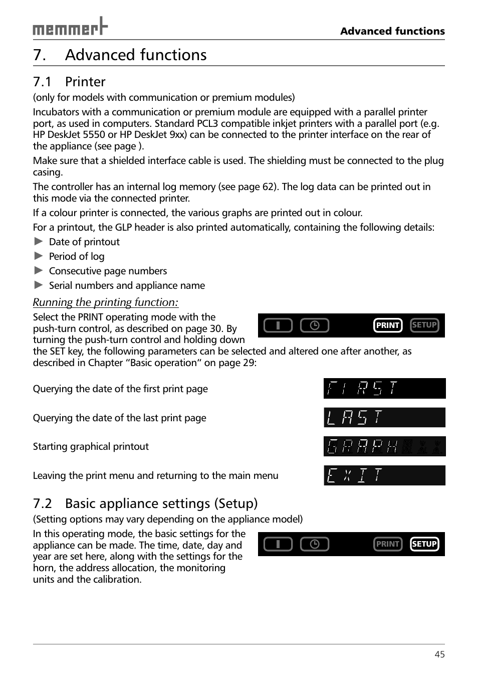 Advanced functions, 1 printer, 2 basic appliance settings ( setup) | Memmert INCO 246/246 med CO2 Incubators (Generation 2003) User Manual | Page 45 / 68