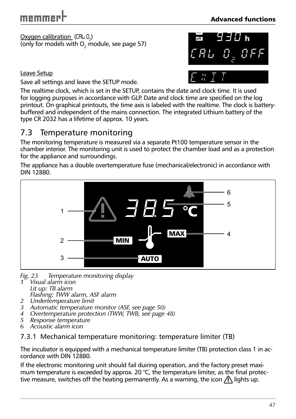 C a l o, O f f, 3 temperature monitoring | Memmert INCO 246/246 med CO2 Incubators (Generation 2003) User Manual | Page 47 / 68
