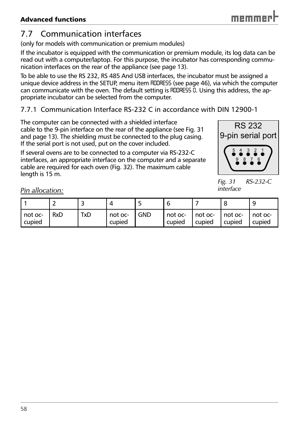 7 communication interfaces, Rs 232 9-pin serial port | Memmert INCO 246/246 med CO2 Incubators (Generation 2003) User Manual | Page 58 / 68