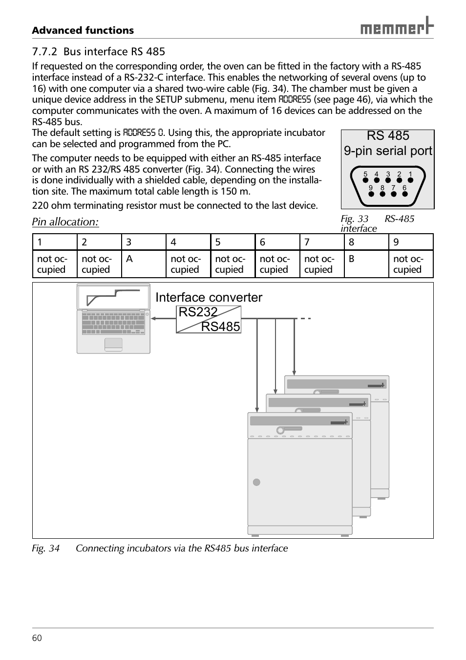 Rs 485 9-pin serial port | Memmert INCO 246/246 med CO2 Incubators (Generation 2003) User Manual | Page 60 / 68