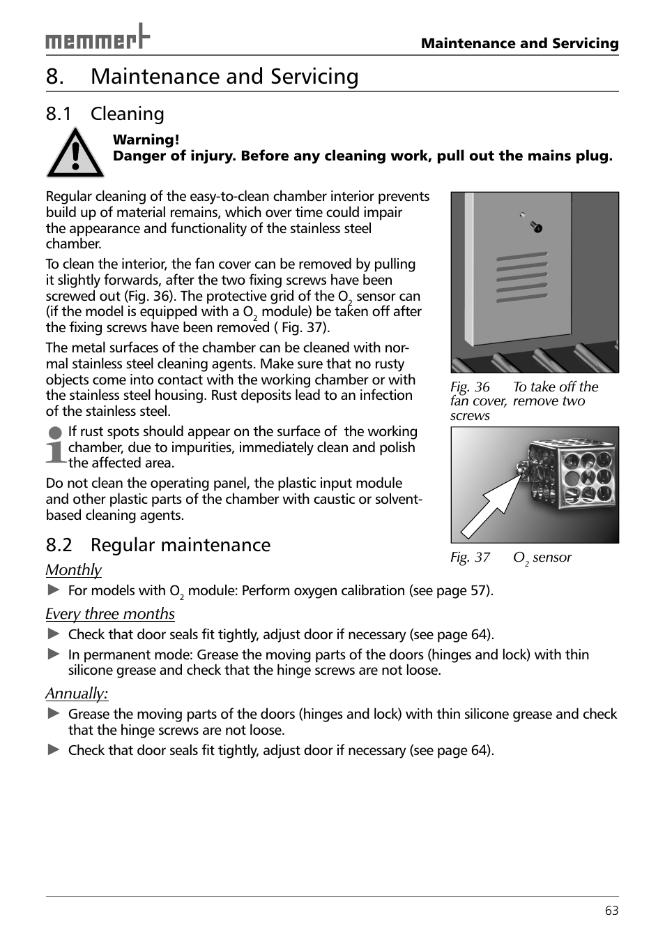 Maintenance and servicing, 1 cleaning, 2 regular maintenance | Memmert INCO 246/246 med CO2 Incubators (Generation 2003) User Manual | Page 63 / 68
