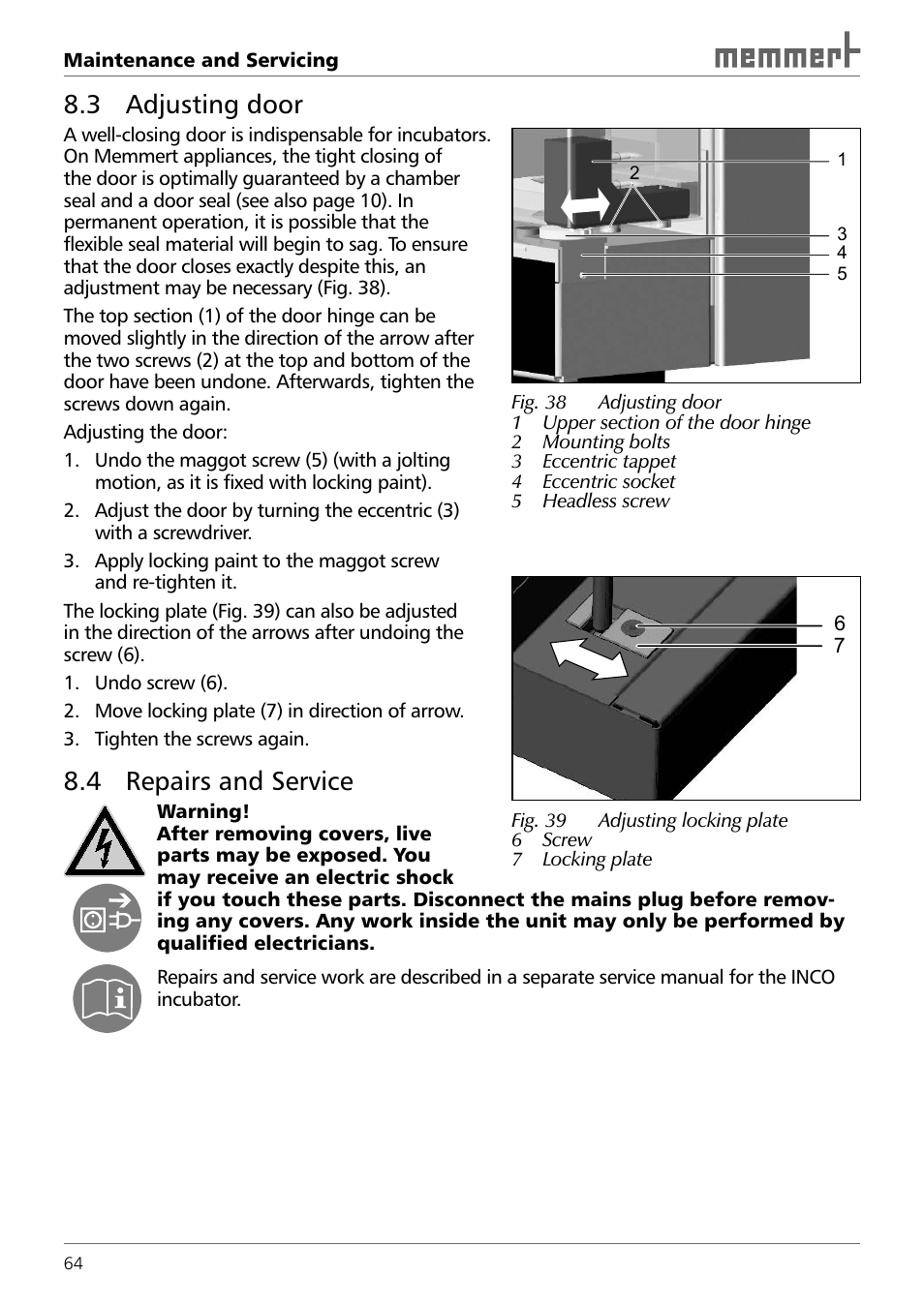3 adjusting door, 4 repairs and service | Memmert INCO 246/246 med CO2 Incubators (Generation 2003) User Manual | Page 64 / 68