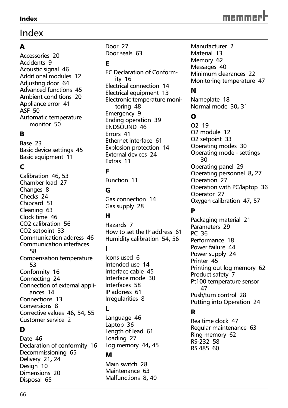 Index | Memmert INCO 246/246 med CO2 Incubators (Generation 2003) User Manual | Page 66 / 68