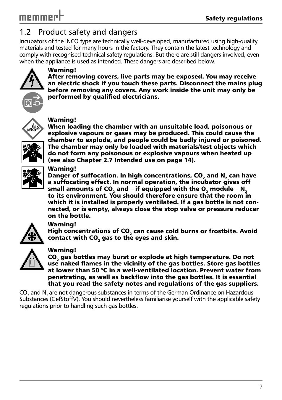 2 product safety and dangers | Memmert INCO 246/246 med CO2 Incubators (Generation 2003) User Manual | Page 7 / 68