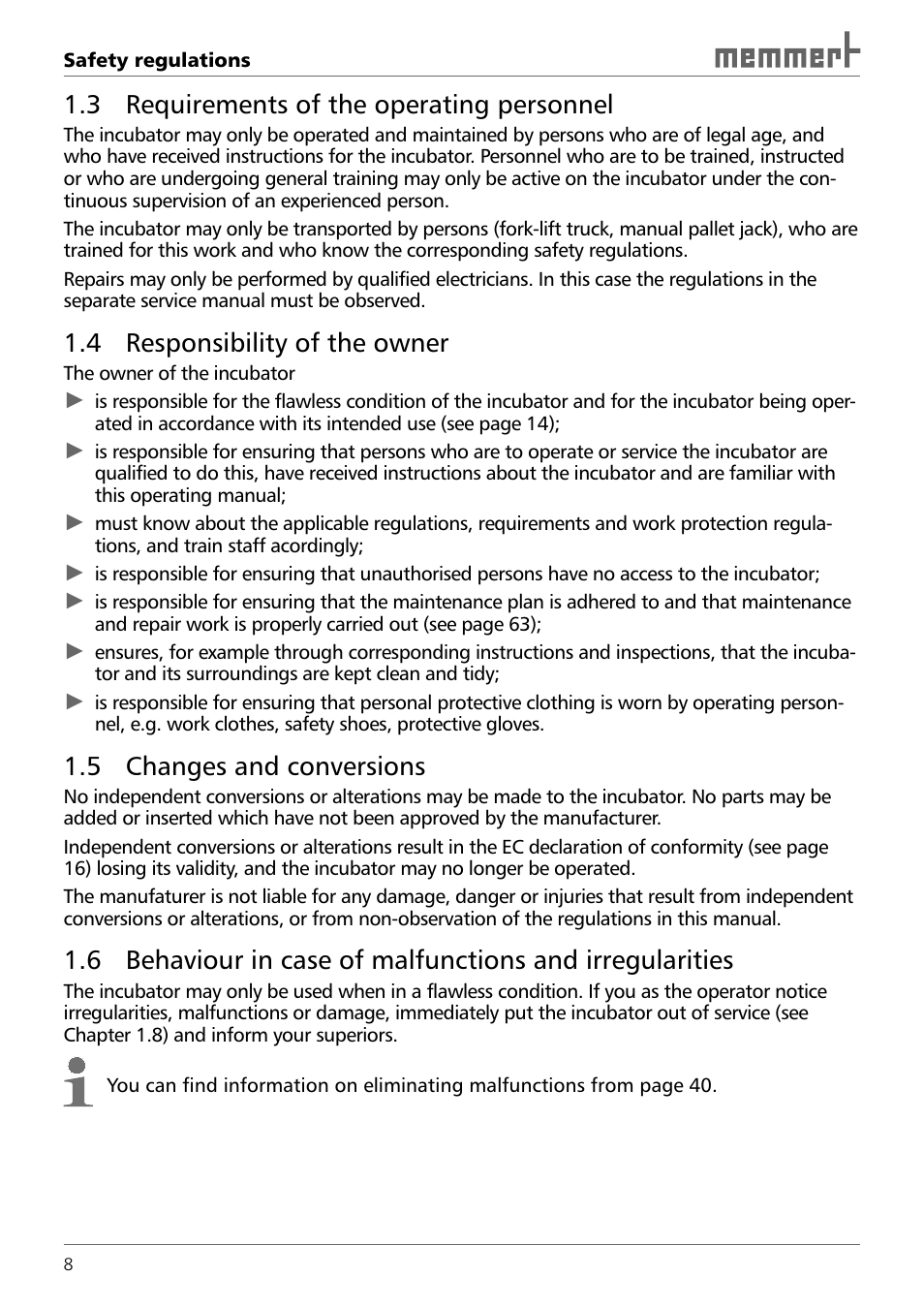 3 requirements of the operating personnel, 4 responsibility of the owner, 5 changes and conversions | Memmert INCO 246/246 med CO2 Incubators (Generation 2003) User Manual | Page 8 / 68