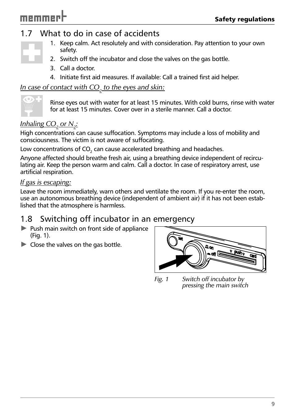 7 what to do in case of accidents, 8 switching off incubator in an emergency | Memmert INCO 246/246 med CO2 Incubators (Generation 2003) User Manual | Page 9 / 68